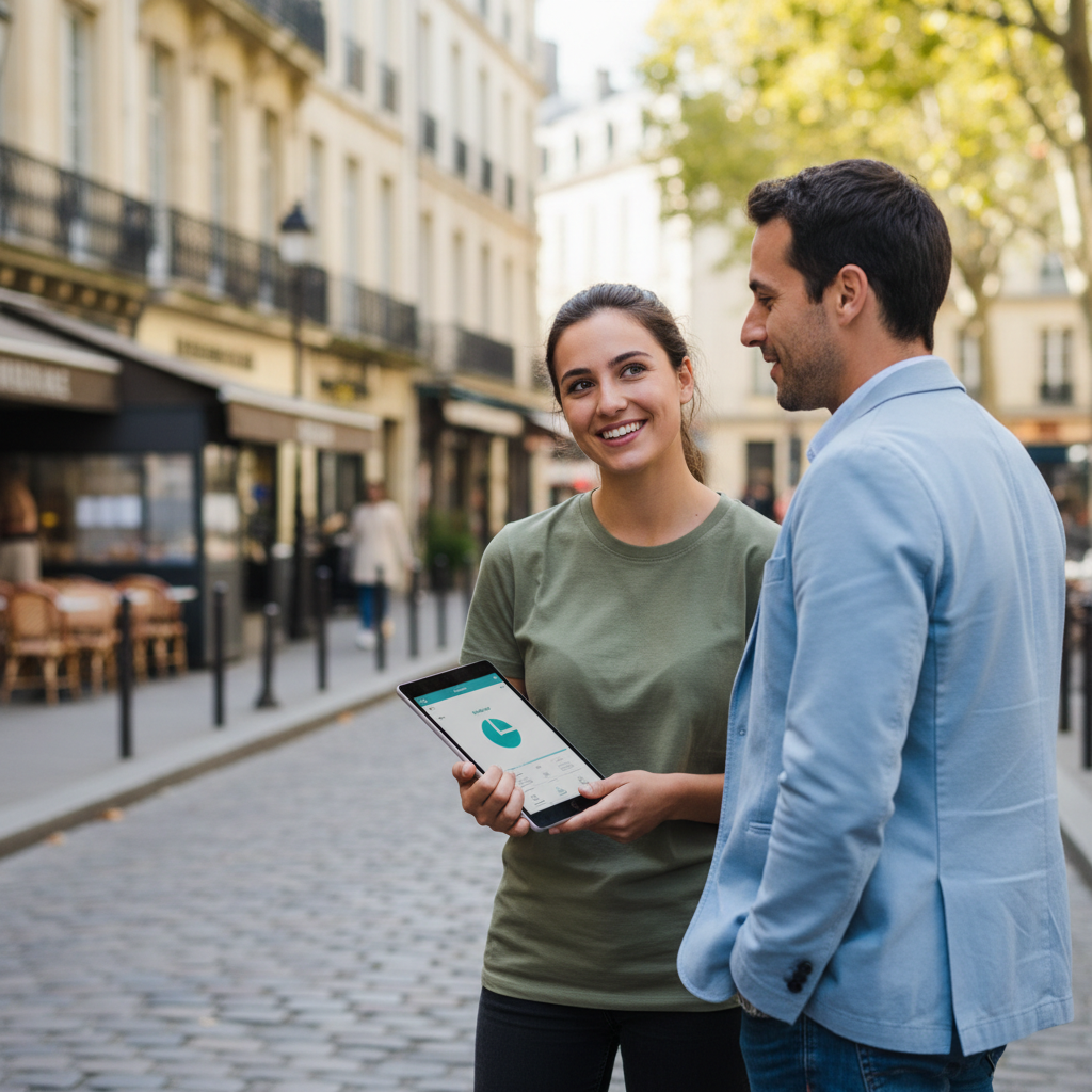 Ambassadeur de l'Agence Engrenage en conversation avec un passant lors d'une collecte de rue